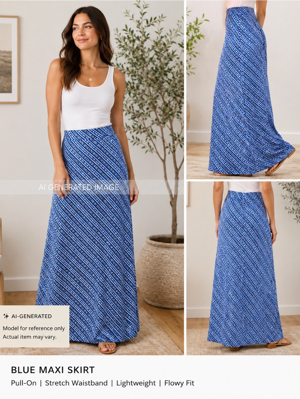 Blue Rain Blue Diagonal Printed Maxi Skirt